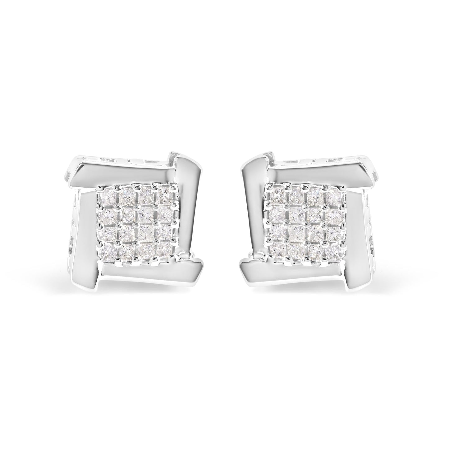 10K White Gold 1/2 Cttw Composite Princess Diamond Square and Swirl Stud Earrings (I-J Color, I1-I2 Clarity)