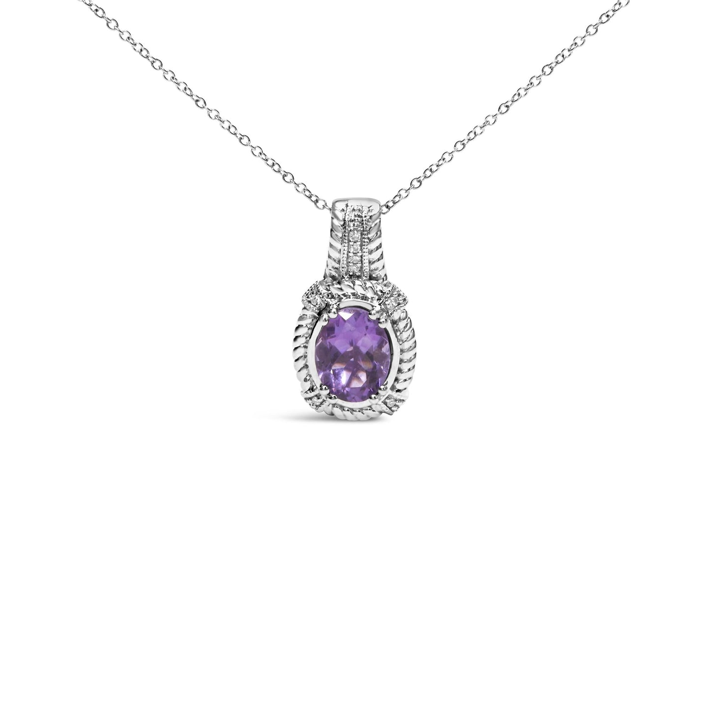 .925 Sterling Silver 9x7mm Oval Purple Amethyst and Round Diamond Accent Fashion Drop Pendant 18 Inch Necklace (I-J Color, I1-I2 Clarity)-0