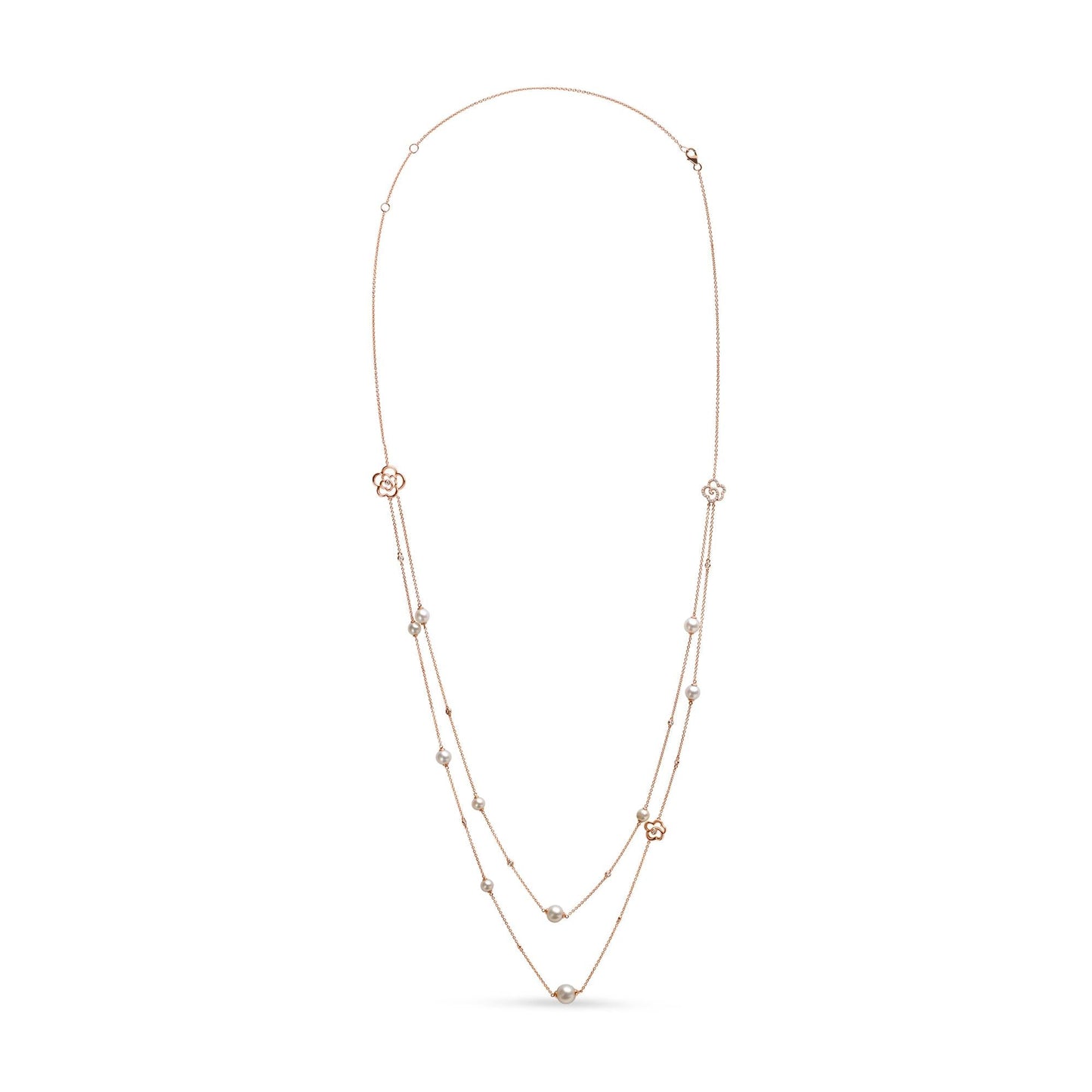 18K Rose Gold 1/2 Cttw Diamond and Freshwater Pearl Double Strand Station Necklace (G-H Color, SI1-SI2 Clarity) - Adjustable up to 16" to 20"