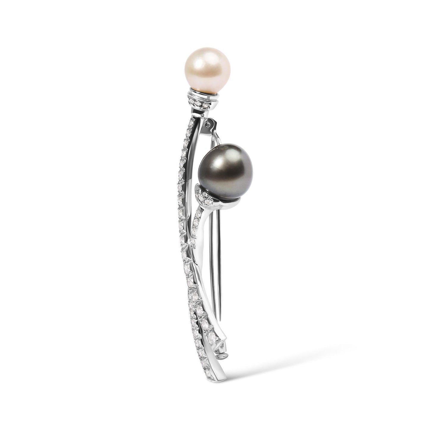 18K White Gold 3/5 Cttw Diamond and Cultured South Sea Black and White Pearl Brooch Pin (H-I Color, VS1-VS2 Clarity)-1