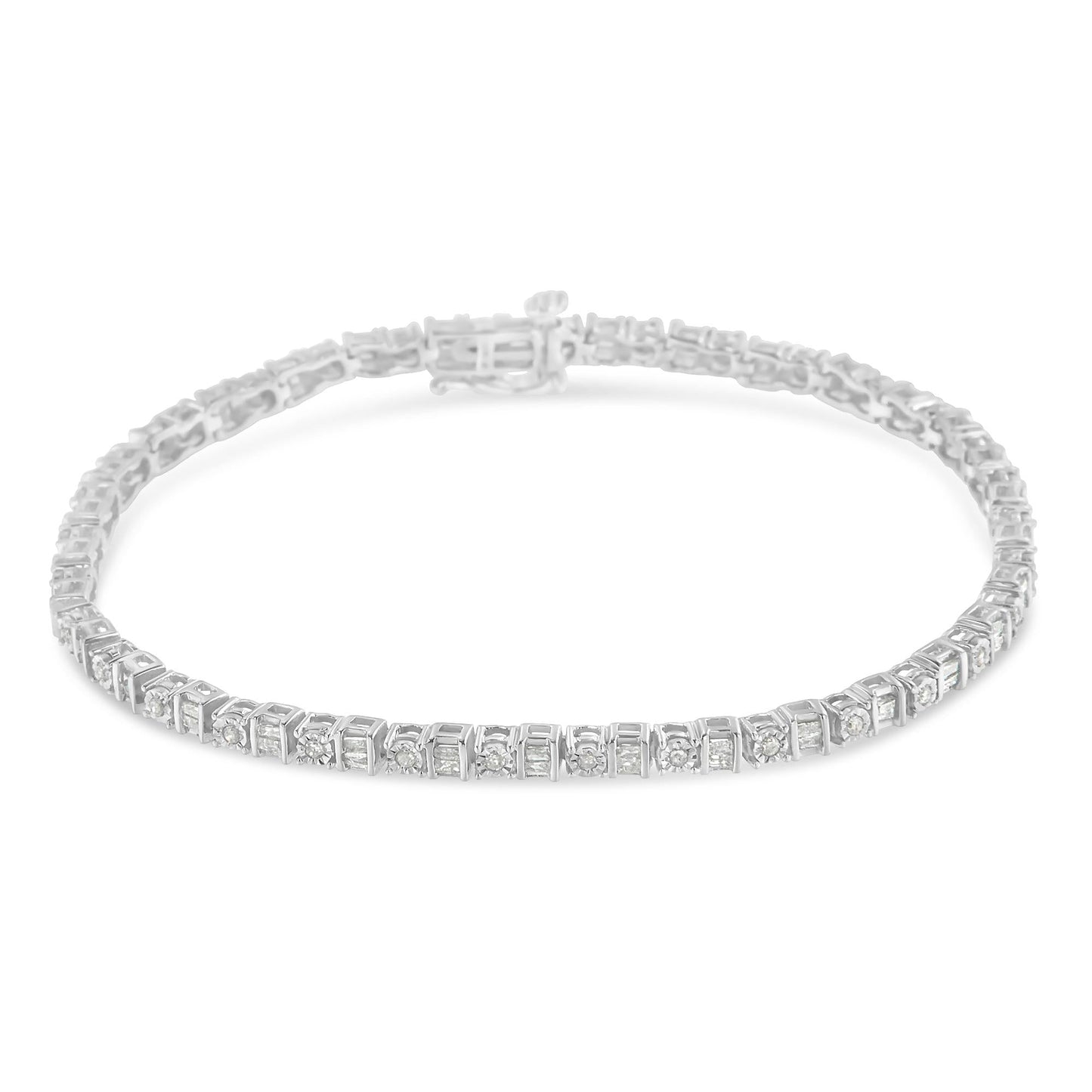 .925 Sterling Silver 1.0 Cttw Round & Baguette Cut Diamond 7" Alternating Round and Square Station Tennis Bracelet (I-J Color, I3 Clarity)-1