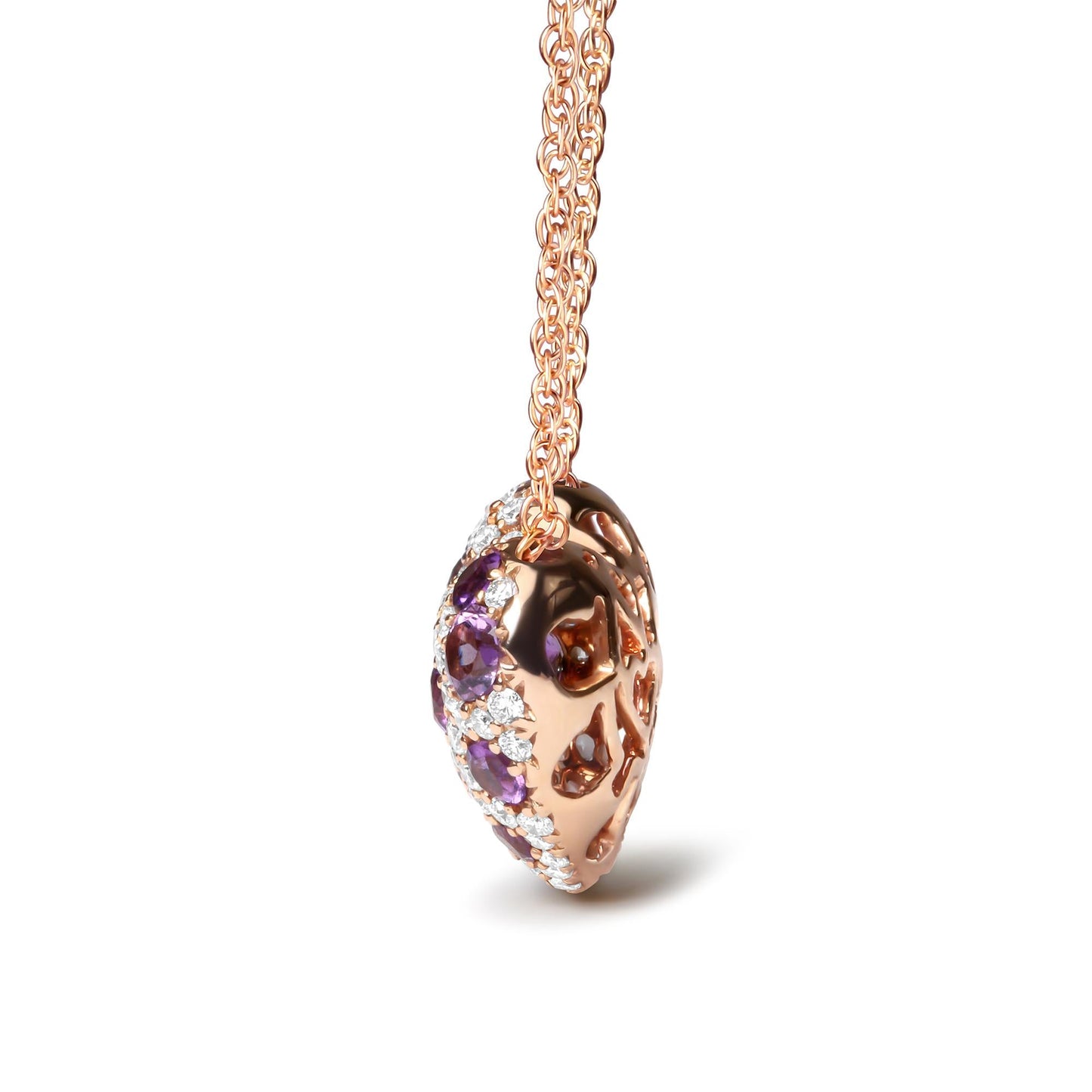 18K Rose Gold 3/4 Cttw Diamond and Purple Amethyst Cluster Heart Shape 18" Pendant Necklace (G-H Color, SI1-SI2 Clarity)-1