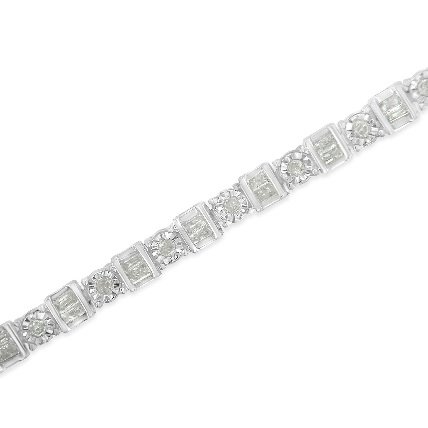 .925 Sterling Silver 1.0 Cttw Round & Baguette Cut Diamond 7" Alternating Round and Square Station Tennis Bracelet (I-J Color, I3 Clarity)-2