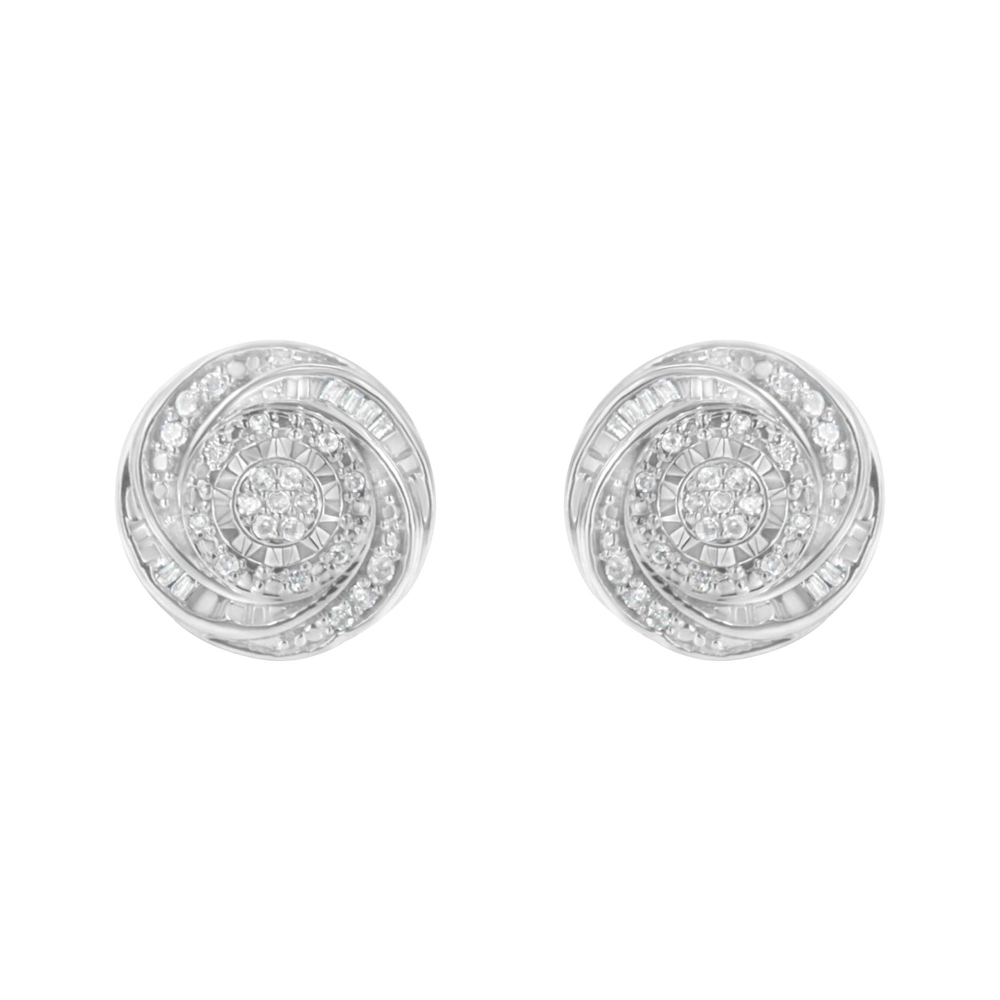 .925 Sterling Silver 1/4 Cttw Baguette and Round Diamond Swirl Love Knot Stud Earrings (I-J Color, I3 Clarity)-2