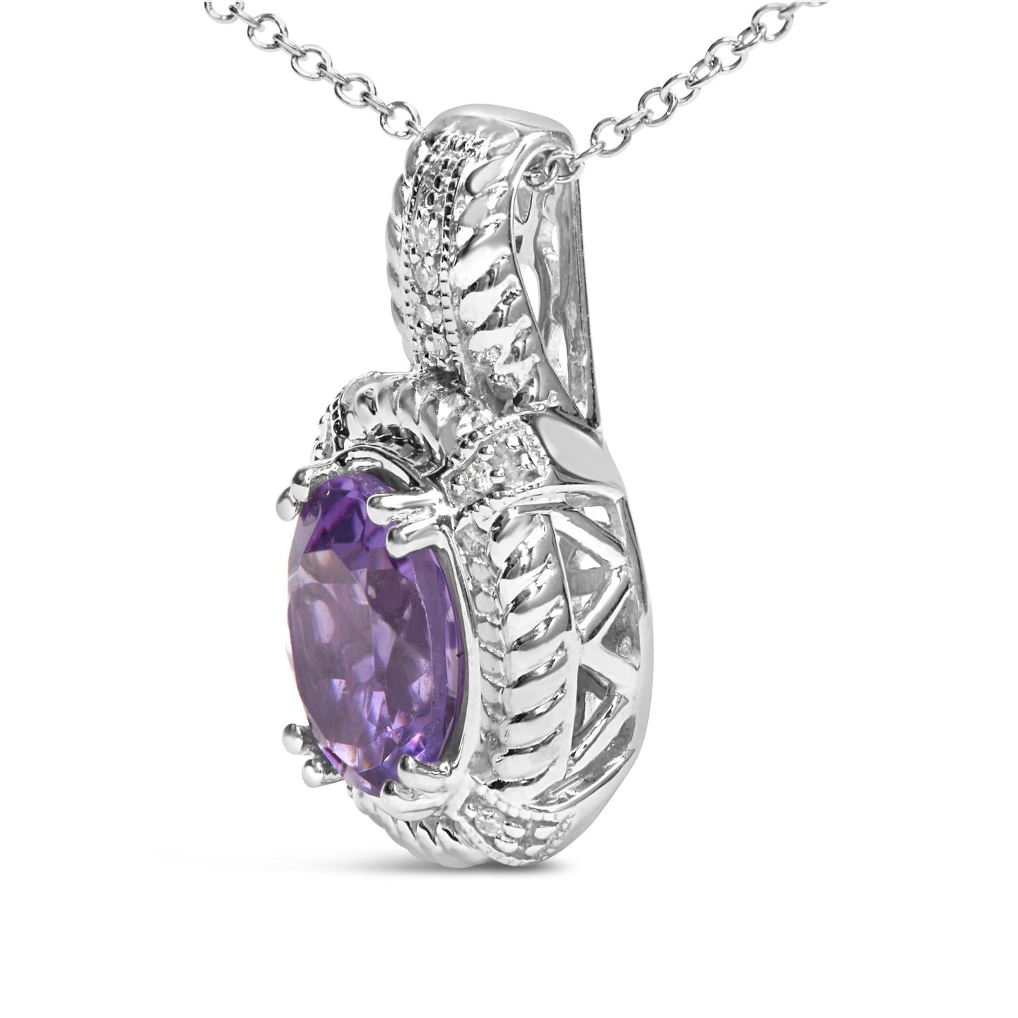 .925 Sterling Silver 9x7mm Oval Purple Amethyst and Round Diamond Accent Fashion Drop Pendant 18 Inch Necklace (I-J Color, I1-I2 Clarity)-2