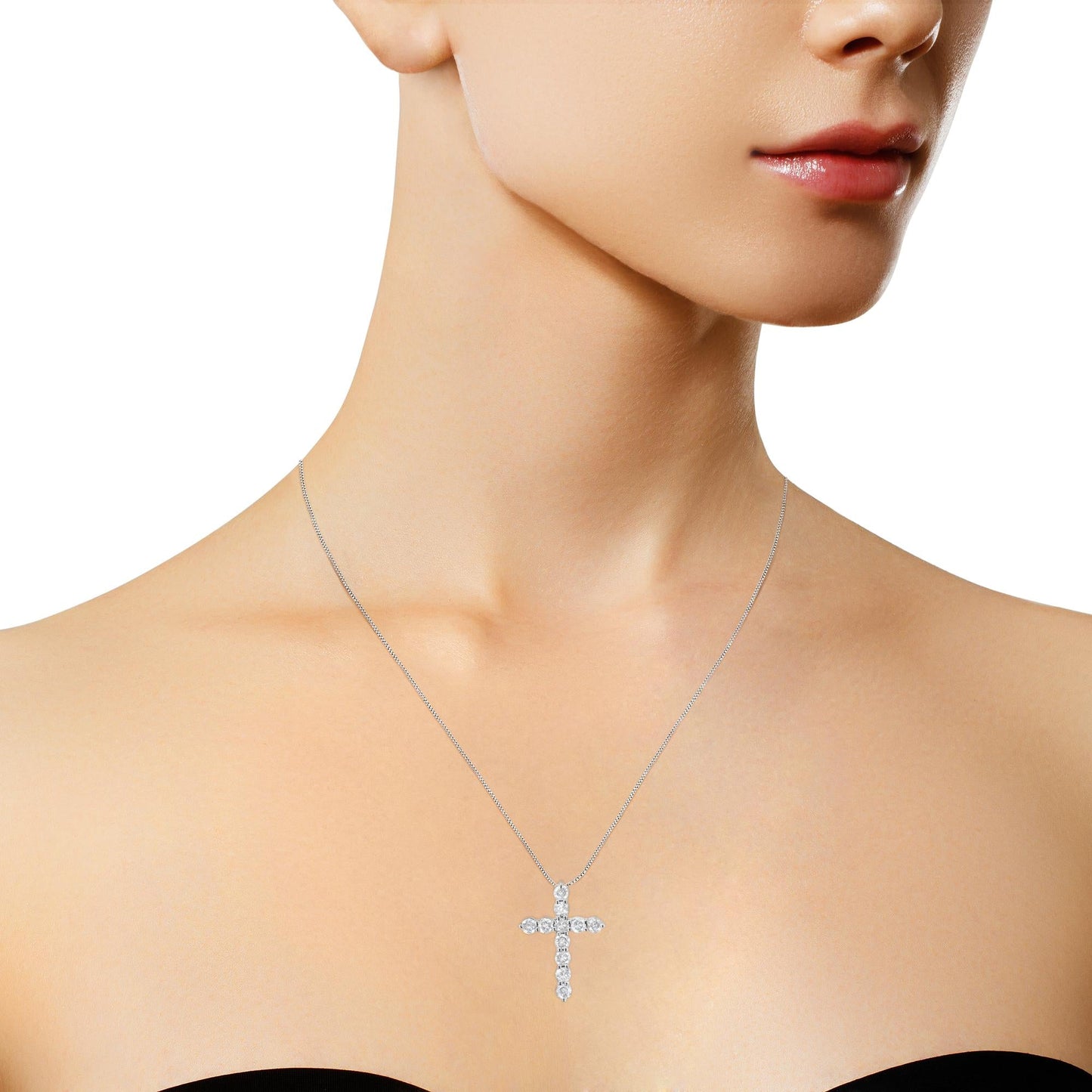 .925 Sterling Silver 1.0 Cttw Prong Set Round-Cut Diamond Cross 18" Pendant Necklace (I-J Color, I2-I3 Clarity)-4