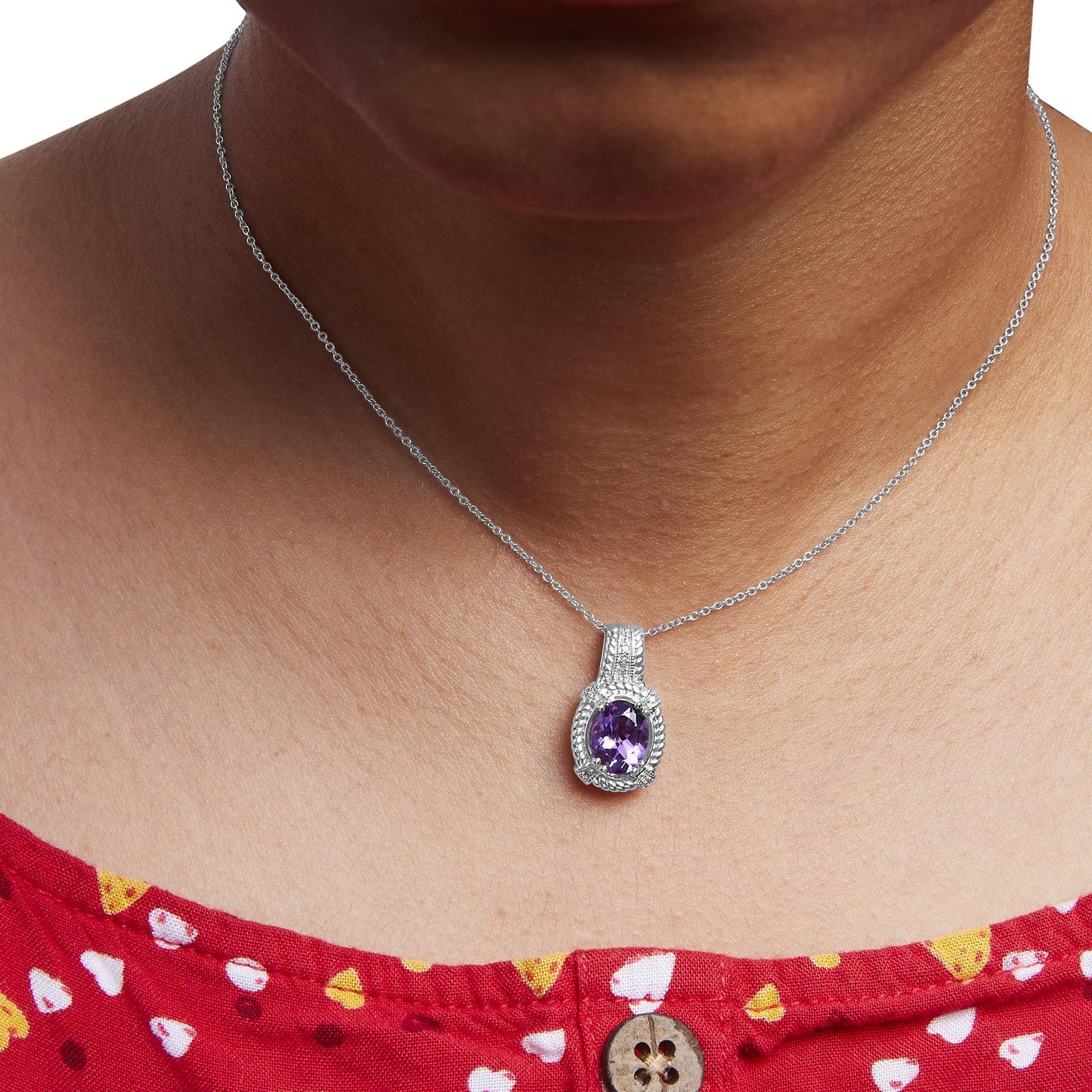 .925 Sterling Silver 9x7mm Oval Purple Amethyst and Round Diamond Accent Fashion Drop Pendant 18 Inch Necklace (I-J Color, I1-I2 Clarity)-3