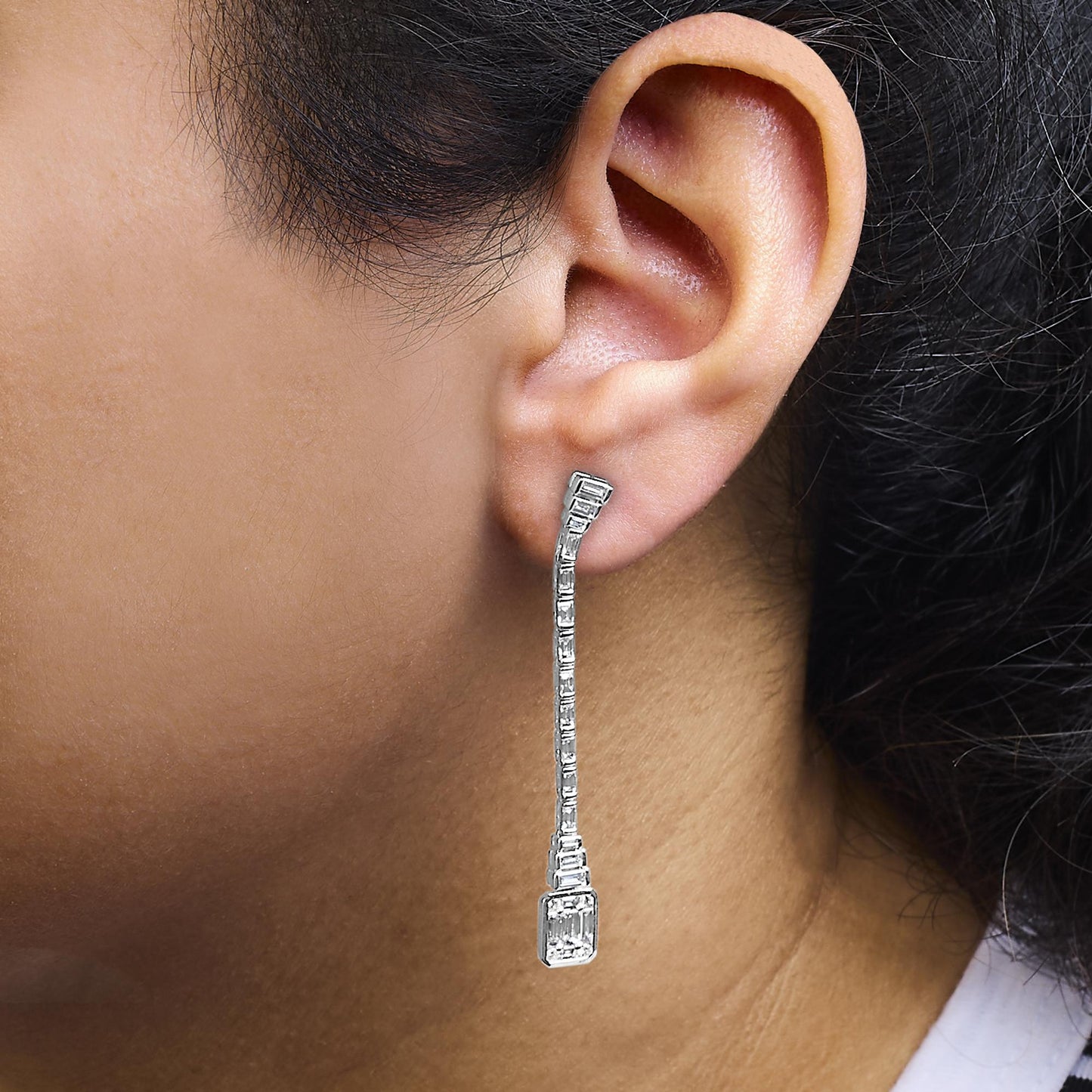 14K White Gold 1 1/2 Cttw Baguette Diamond Composite Mosaic 2" Inch Drop Earrings (E-F Color, VS1-VS2 Clarity)-3