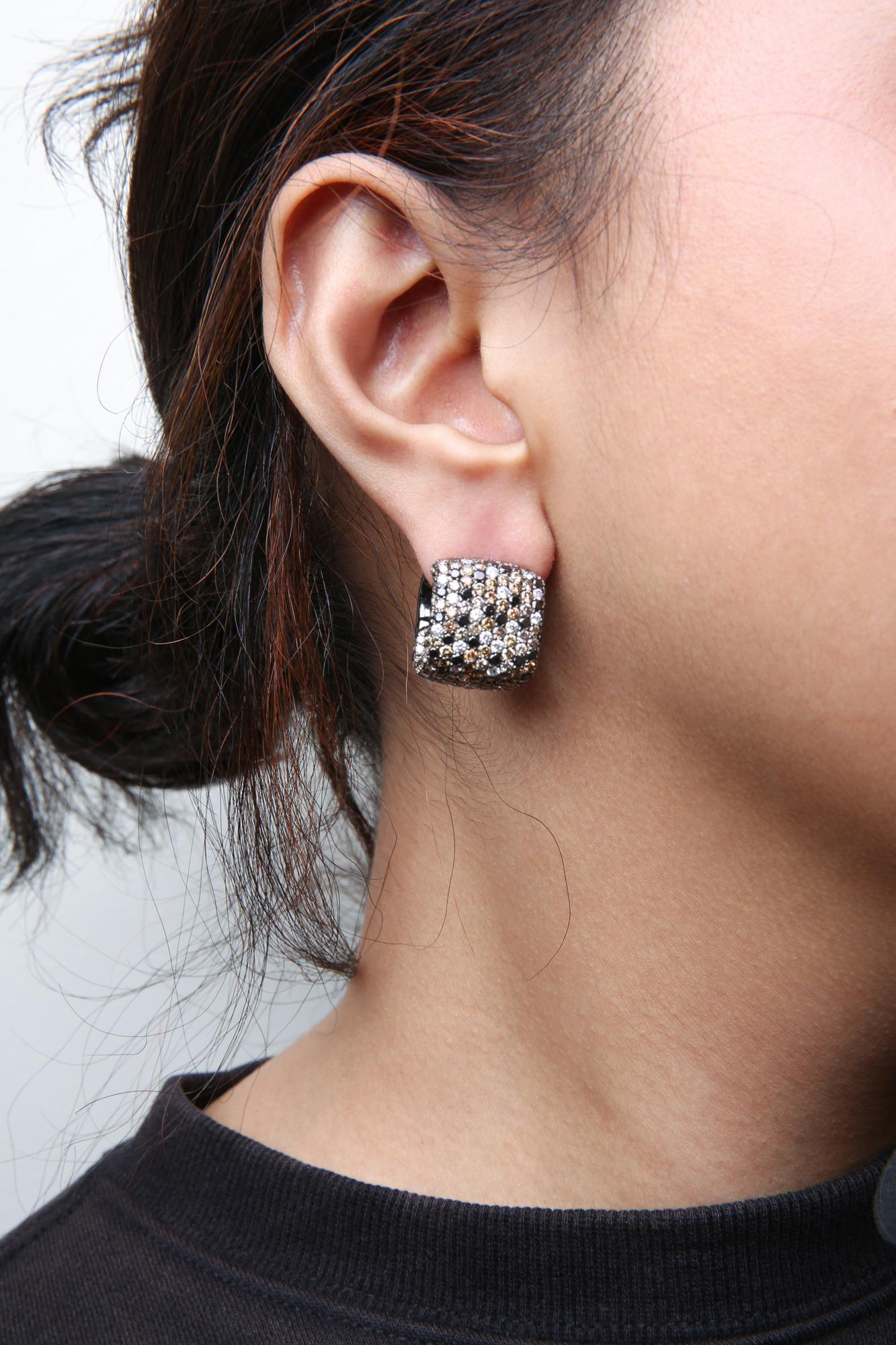 Black Rhodium Plated 18K White Gold 12 5/8 Cttw Multi Color Diamond Square Domed Huggie Hoop Earrings (Brown, Black, G-H Color, SI1-SI2 Clarity)