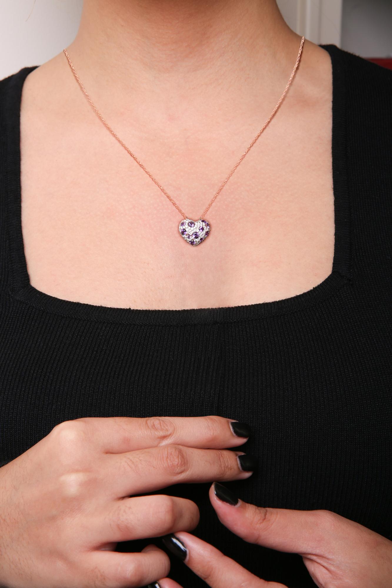 18K Rose Gold 3/4 Cttw Diamond and Purple Amethyst Cluster Heart Shape 18" Pendant Necklace (G-H Color, SI1-SI2 Clarity)-4