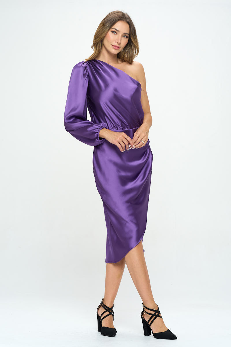 Satin One Shoulder Bodycon Dress w/ Asymmetric Hem-3