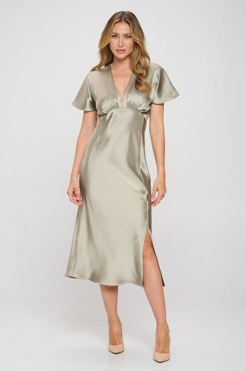 Solid Satin V neck Midi Dress with Slit-0