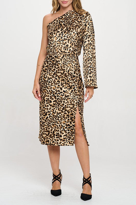 Leopard Print One Shoulder Long Sleeve Dress