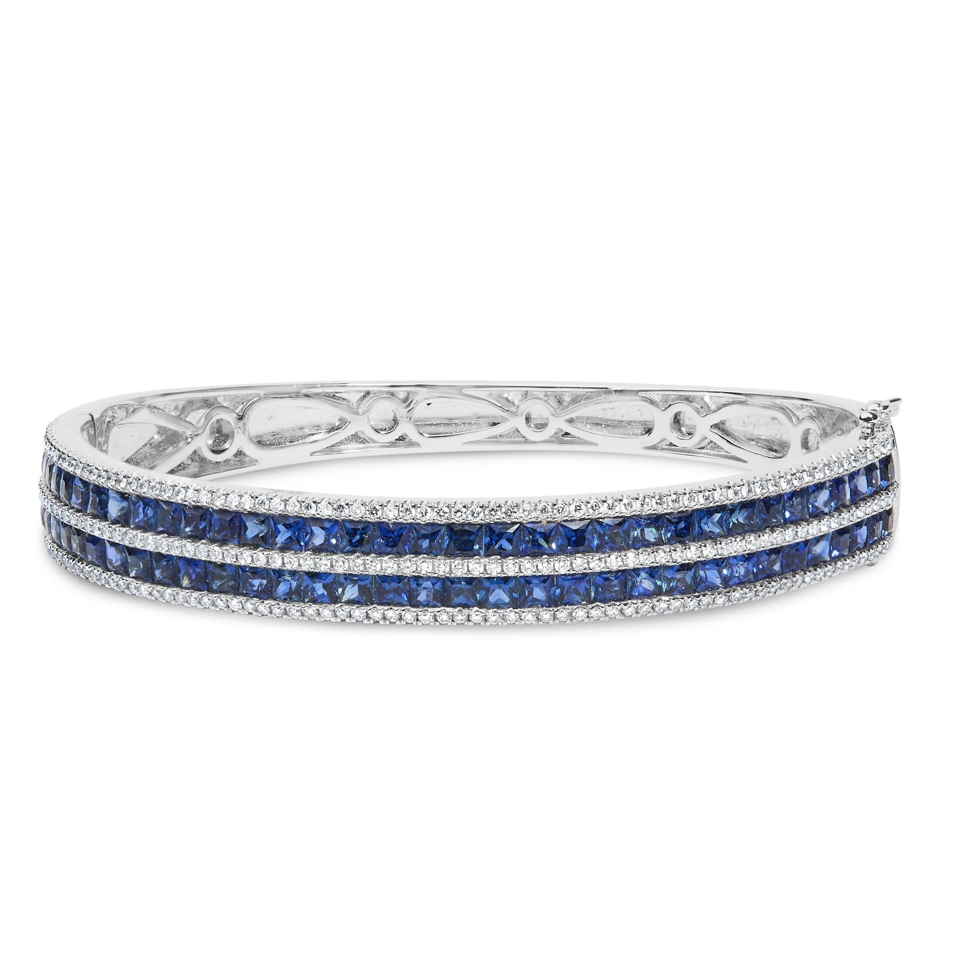 18K White Gold Alternating Diamond and 8.00 Cttw Princess Cut Blue Sapphire Multi Row Bangle Bracelet (G-H Color, VS1-VS2 Clarity) - 7" Inches-0