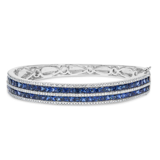 18K White Gold Alternating Diamond and 8.00 Cttw Princess Cut Blue Sapphire Multi Row Bangle Bracelet (G-H Color, VS1-VS2 Clarity) - 7" Inches-0