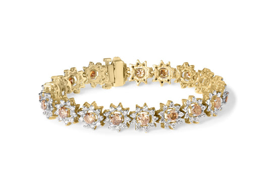 14K Yellow Gold 8.00 Cttw Champagne Diamond Floral Cluster Halo Link Bracelet (H-I Color, I1-I2 Clarity)-0