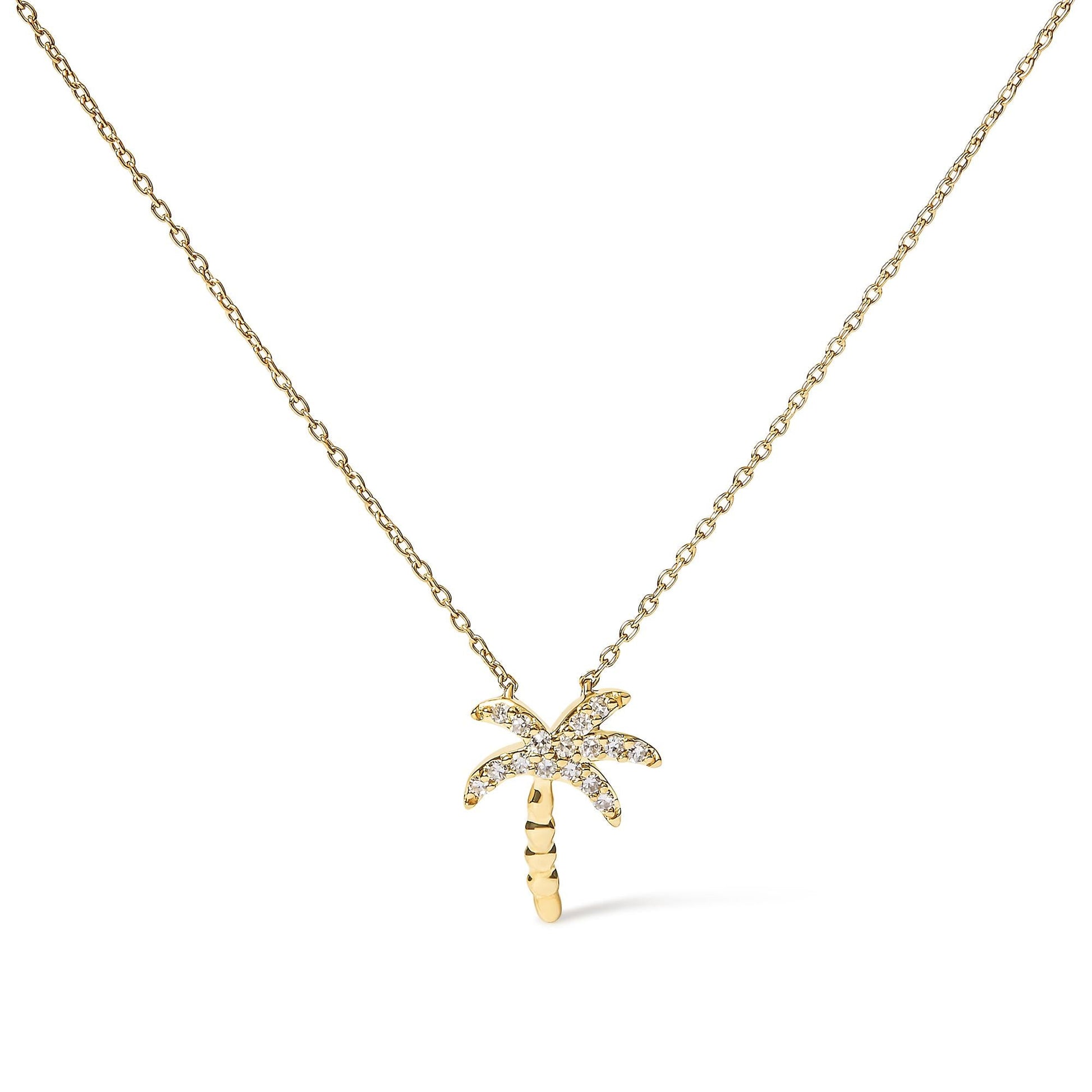 10K Yellow Gold 1/10 Cttw Round Diamond Palm Tree 18" Inch Pendant Necklace (H-I Color, I1-I2 Clarity)-0