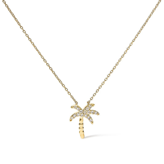 10K Yellow Gold 1/10 Cttw Round Diamond Palm Tree 18" Inch Pendant Necklace (H-I Color, I1-I2 Clarity)-0