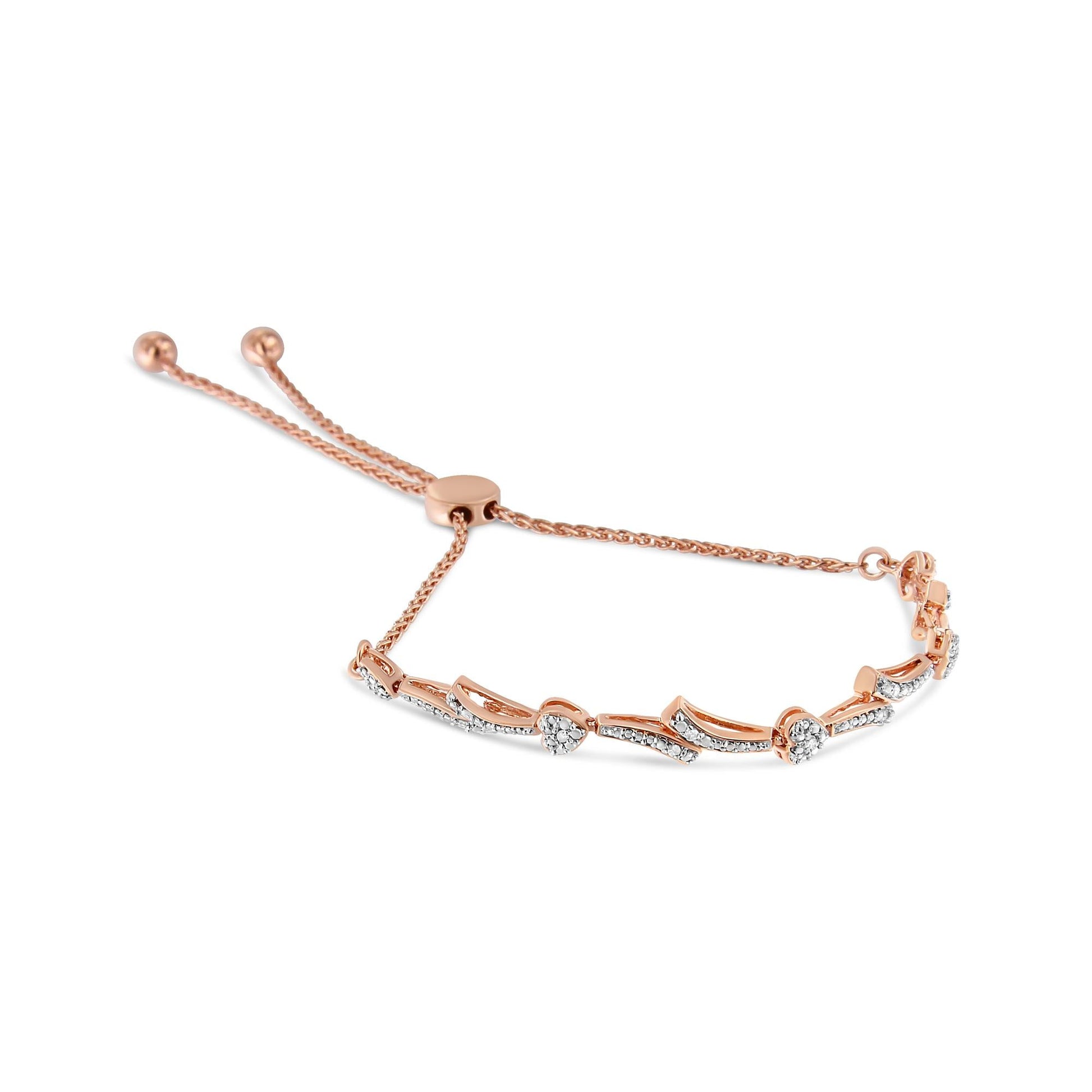 .925 Sterling Silver Diamond Accent Heart and Wave Link Bolo Bracelet (I-J Color, I2-I3 Clarity) - 6" to 9" Adjustable-1
