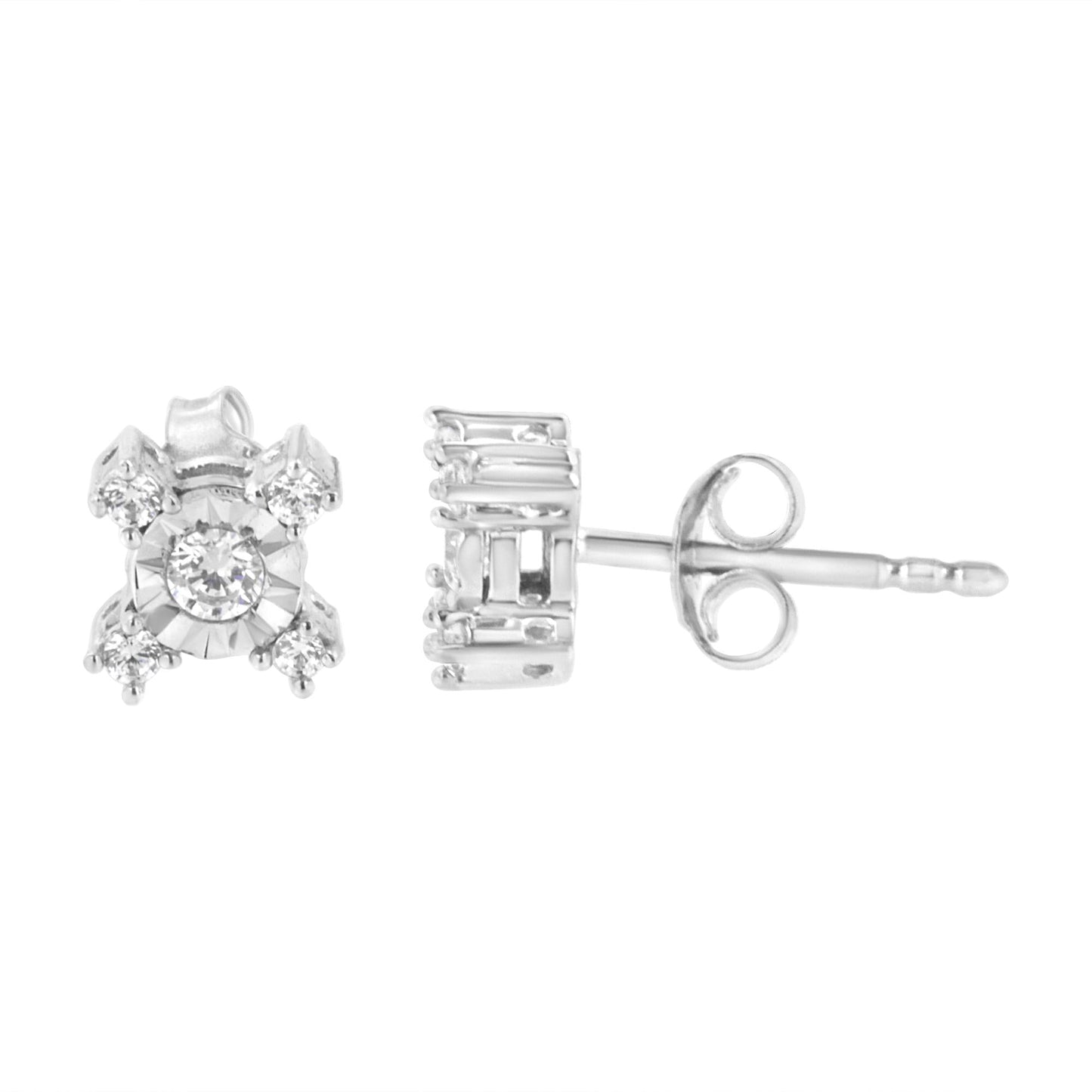 .925 Sterling Silver 1/4 Cttw Miracle Plate Set Round and Princess-Cut Diamond "X" Shaped Stud Earrings (I-J Color, I2-I3 Clarity)-0