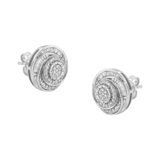 .925 Sterling Silver 1/4 Cttw Baguette and Round Diamond Swirl Love Knot Stud Earrings (I-J Color, I3 Clarity)-0