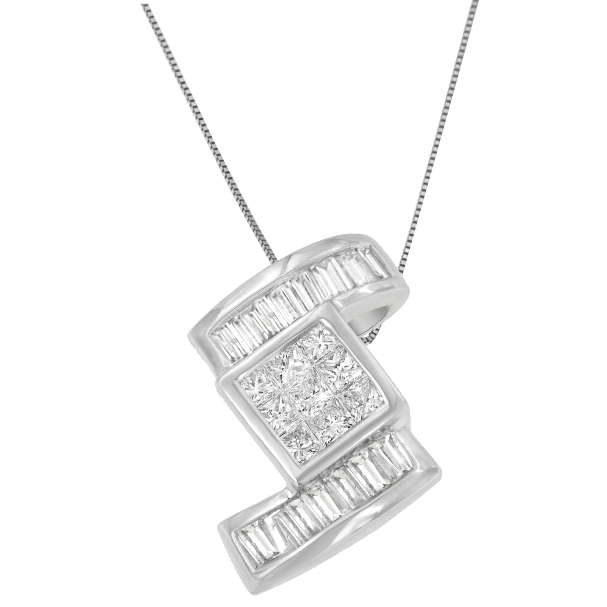 14K White Gold 1 2/5 cttw Princess and Baguette Cut Diamond Zig Zag Pendant Necklace (H-I, SI1-SI2)-0