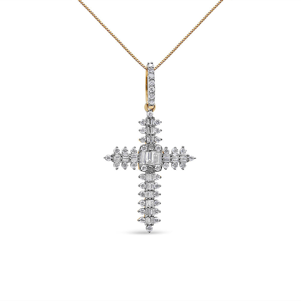 10K Yellow Gold 7/8 Cttw Round & Baguette Diamond Zigzag Pattern Cross Pendant Necklace (H-I Color, SI2-I1 Clarity) - NO CHAIN INCLUDED-0