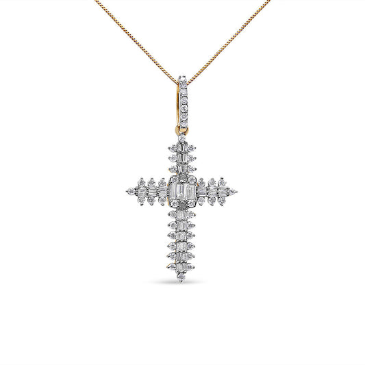 10K Yellow Gold 7/8 Cttw Round & Baguette Diamond Zigzag Pattern Cross Pendant Necklace (H-I Color, SI2-I1 Clarity) - NO CHAIN INCLUDED-0