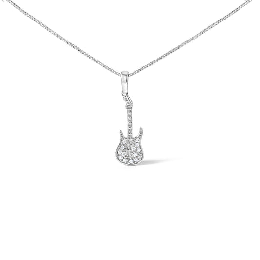 .925 Sterling Silver 1/10 Cttw Diamond Studded Guitar Pendant Necklace (I-J Color, I2-I3 Clarity) - 18" Inches-0
