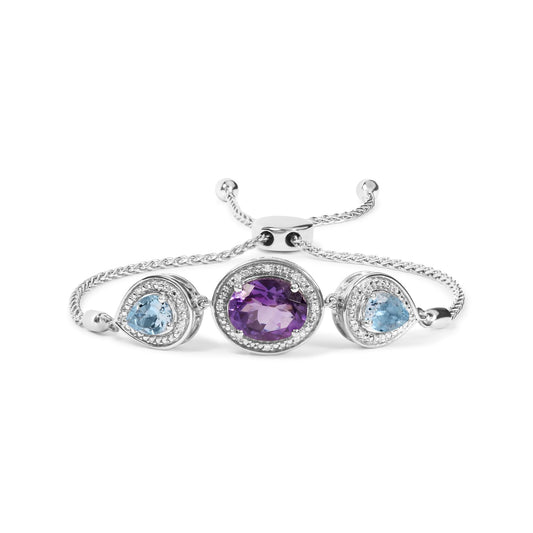 .925 Sterling Silver Oval Amethyst and Pear Blue Topaz with Diamond Accent Lariat 4”-10” Adjustable Bolo Bracelet (H-I Color, SI1-SI2 Clarity)-0