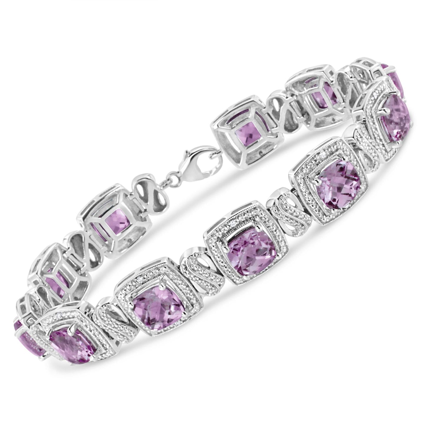 .925 Sterling Silver 7x7 mm Cushion Cut Purple Amethyst and 1/10 cttw Round Cut Diamond Square Shape Tennis Bracelet (I-J Color, I1-I2 Clarity) - 7"-1