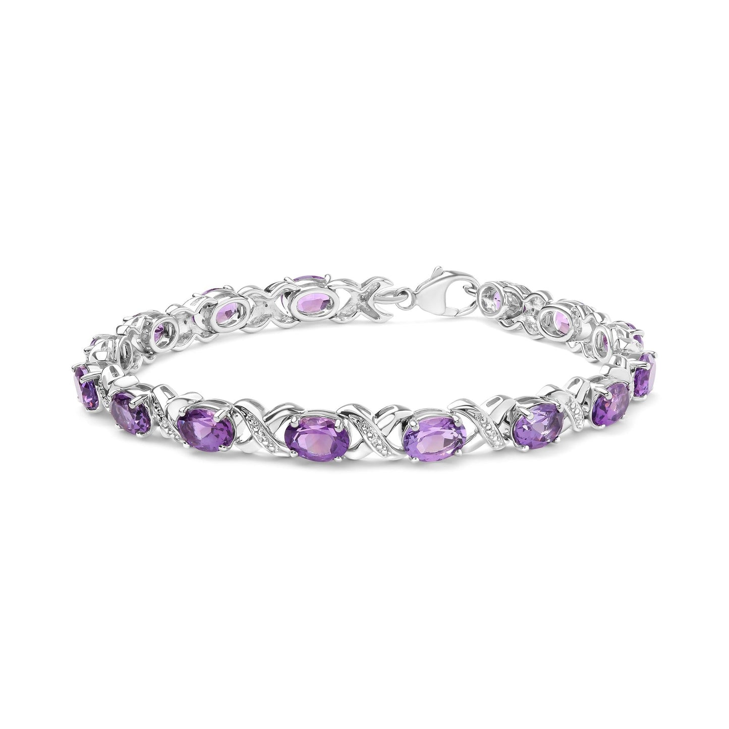 .925 Sterling Silver 7x5mm Oval Amethyst and Diamond Accent X-Link Bracelet (H-I Color, SI1-SI2 Clarity)  - Size 7"-0