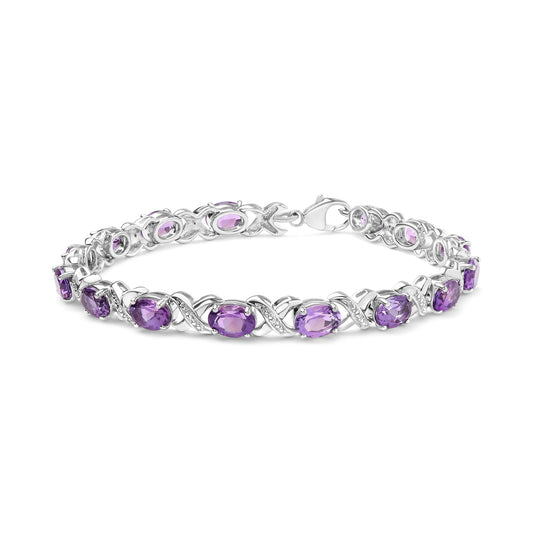 .925 Sterling Silver 7x5mm Oval Amethyst and Diamond Accent X-Link Bracelet (H-I Color, SI1-SI2 Clarity)  - Size 7"-0