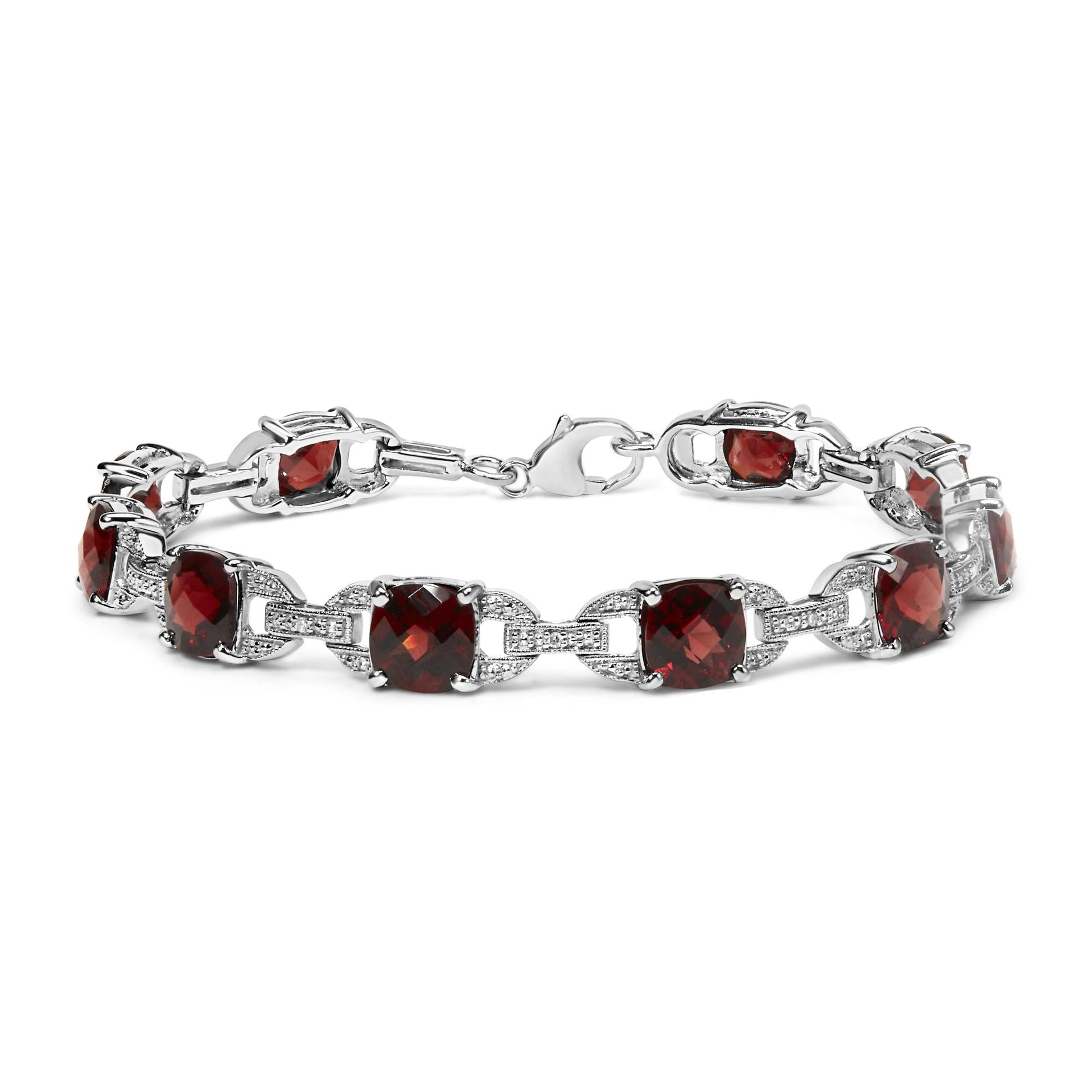 .925 Sterling Silver 7x7mm Checkered Cushion Red Garnet and Diamond Accent Fashion Tennis Link Bracelet (I-J Color, I1-I2 Clarity) - Size 7" Inch-0