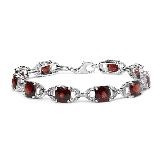 .925 Sterling Silver 7x7mm Checkered Cushion Red Garnet and Diamond Accent Fashion Tennis Link Bracelet (I-J Color, I1-I2 Clarity) - Size 7" Inch-0