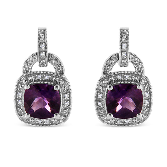 .925 Sterling Silver 8MM Natural Cushion Shaped Amethyst and Diamond Accent Halo with Push Back Dangle Earrings (I-J Color, I2-I3 Clarity)-0