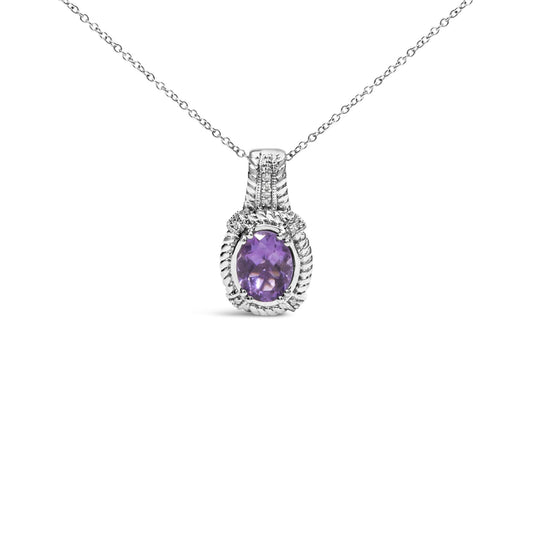 .925 Sterling Silver 9x7mm Oval Purple Amethyst and Round Diamond Accent Fashion Drop Pendant 18 Inch Necklace (I-J Color, I1-I2 Clarity)-0