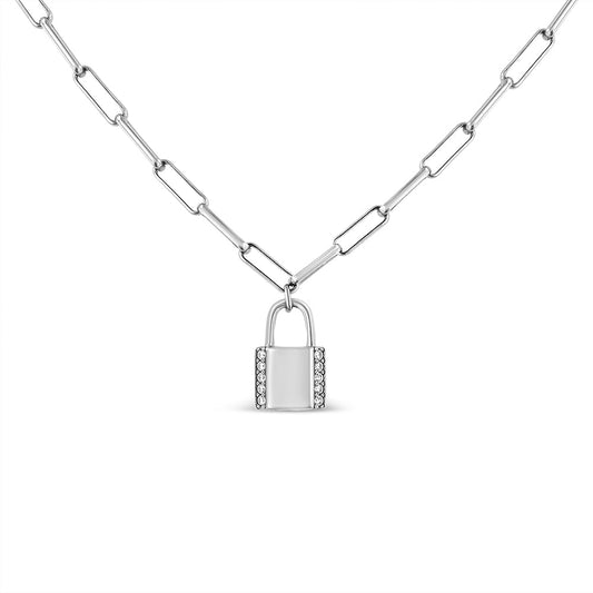 .925 Sterling Silver 1/10 Cttw Round Diamond Lock Pendant Paperclip Chin Necklace (H-I Color, SI1-SI2 Clarity)-0