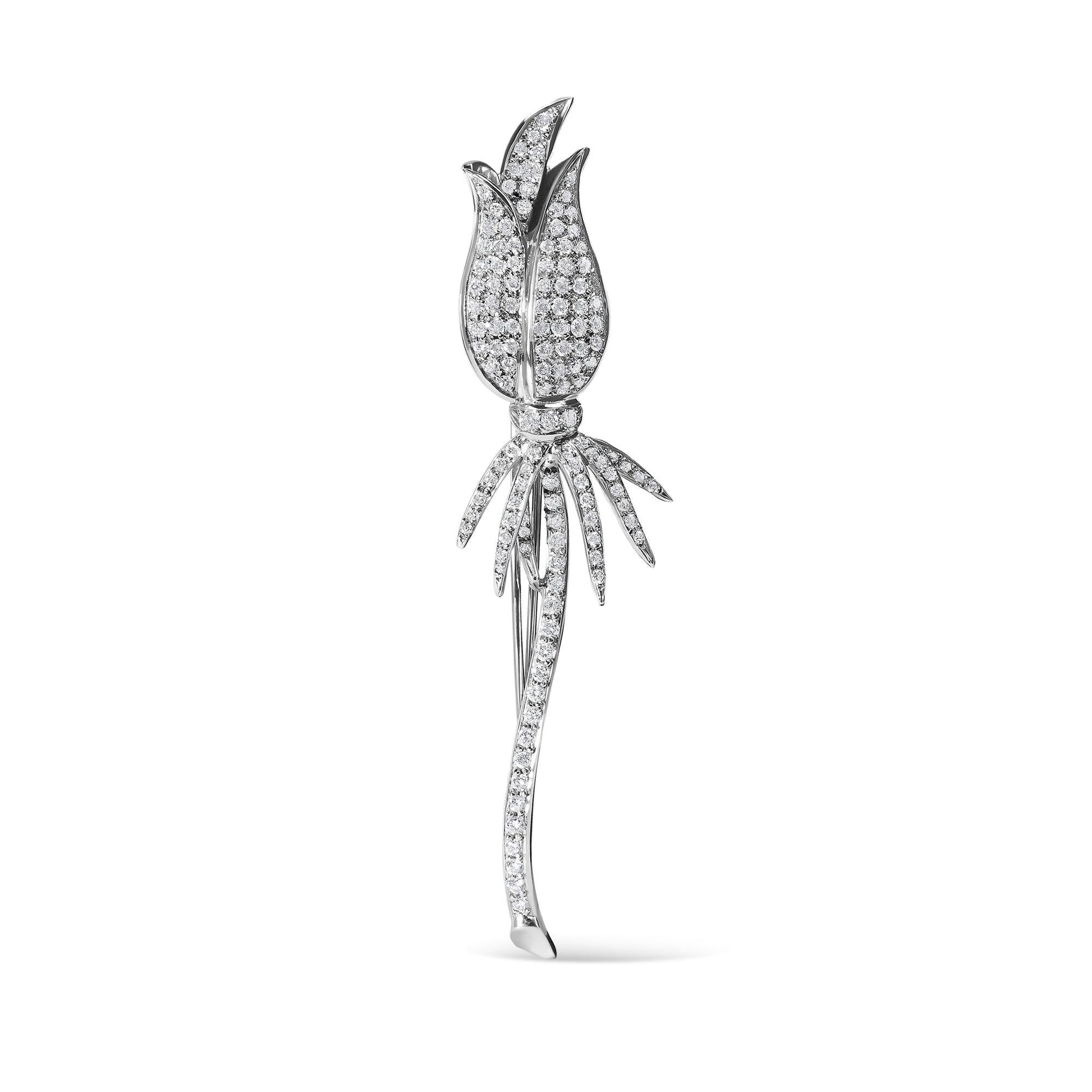 18K White Gold 1 3/5 Cttw Pave Set Diamond Tulip Brooch Pin (H-I Color, VS1-VS2 Clarity)-0