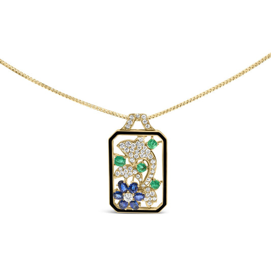 18K Yellow Gold 2 1/3 Cttw Diamond, Sapphire, and Emerald Dog Tag with Dolphin Silhouette Convertible 18" Pendant Necklace and Brooch (G-H Color, SI1-SI2 Clarity)-0