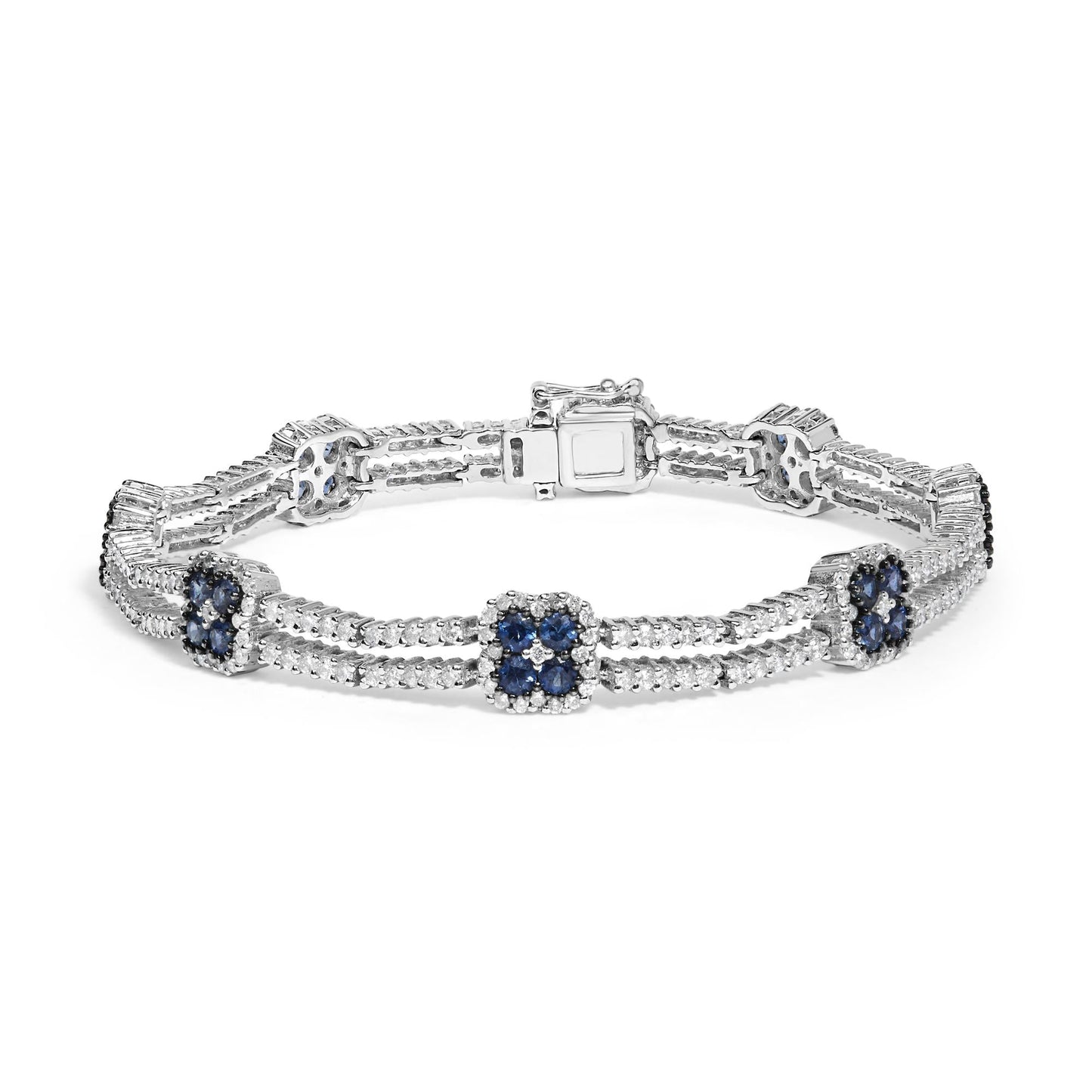 18K White Gold 2 3/4 Cttw Diamond and 3x3MM Sapphire Double Row Link Bracelet (G-H Color, VS1-VS2 Clarity) - 7" Inches-0