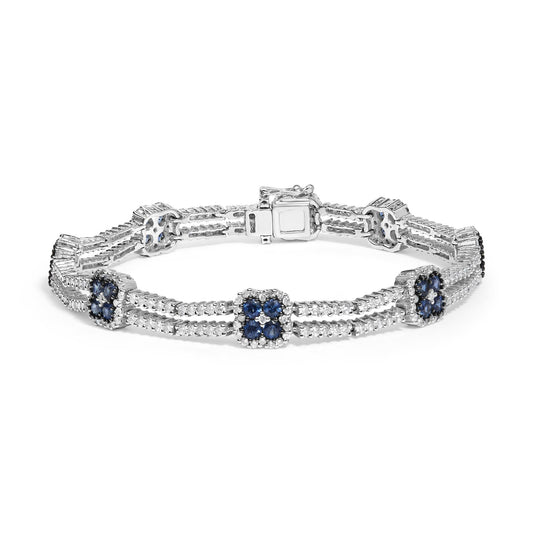 18K White Gold 2 3/4 Cttw Diamond and 3x3MM Sapphire Double Row Link Bracelet (G-H Color, VS1-VS2 Clarity) - 7" Inches-0