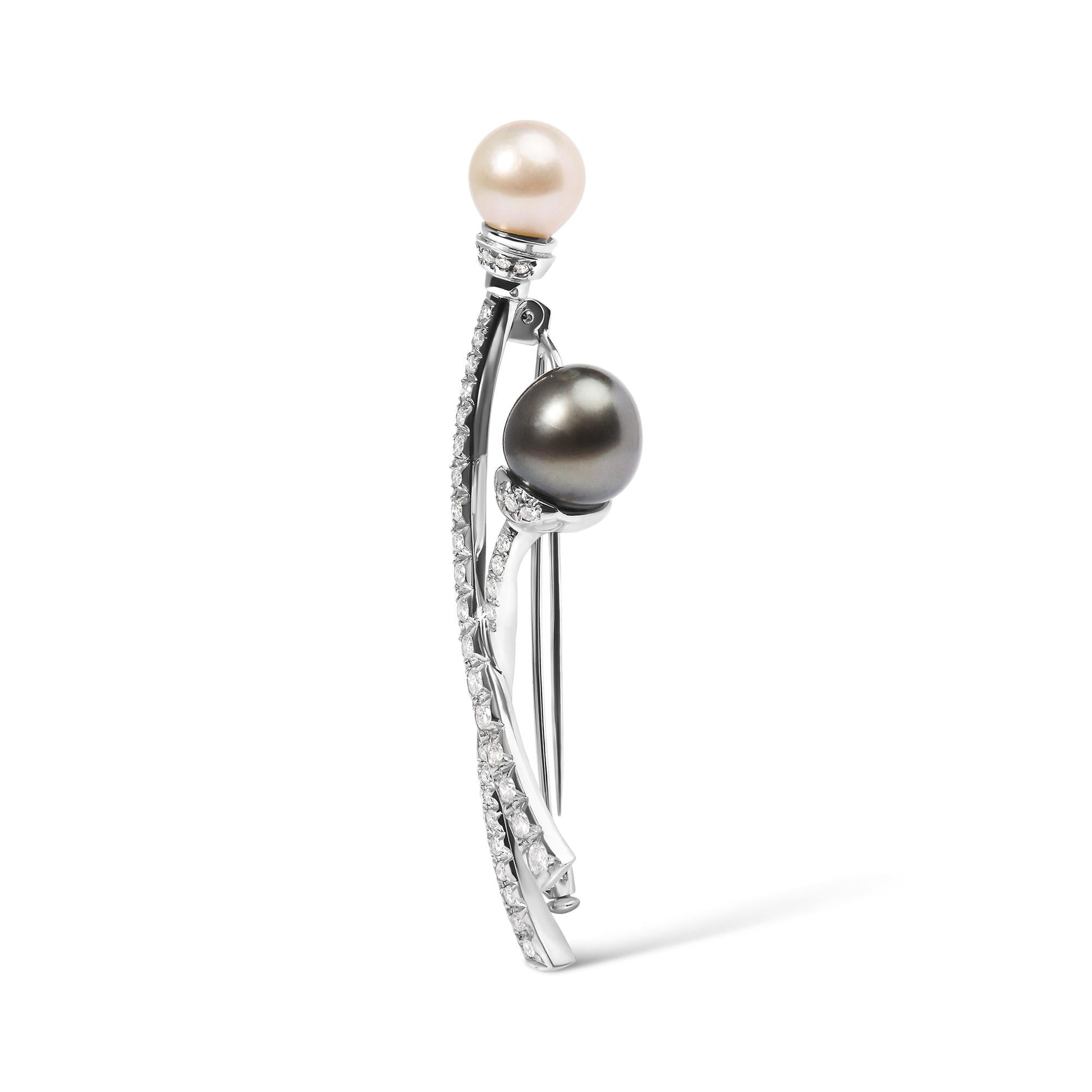 18K White Gold 3/5 Cttw Diamond and Cultured South Sea Black and White Pearl Brooch Pin (H-I Color, VS1-VS2 Clarity)-1