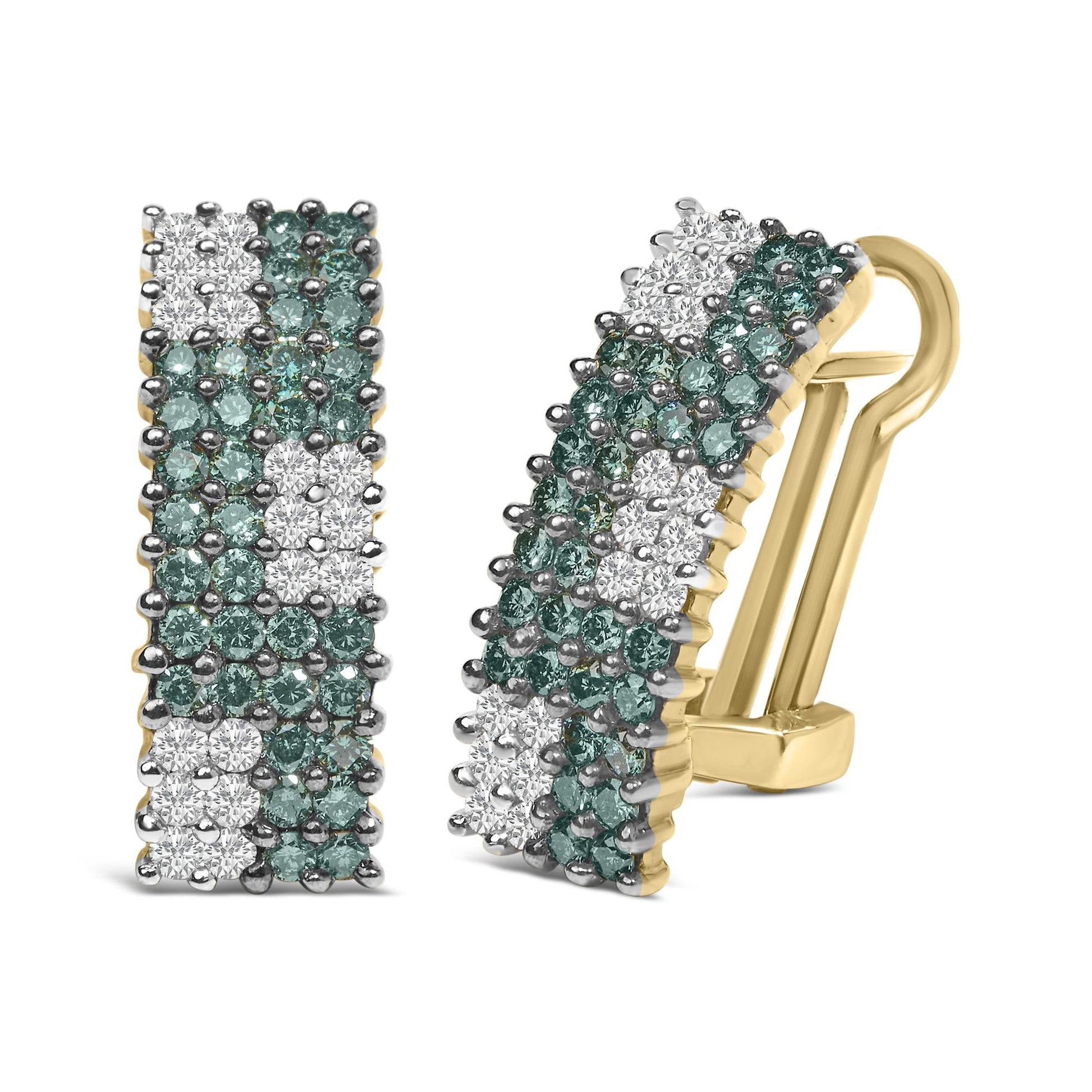 14K Yellow Gold 2.00 Cttw White and Treated Blue Diamond Four-Row Pavé Omegaback Earrings (H-I Color, SI1-SI2 Clarity)-1