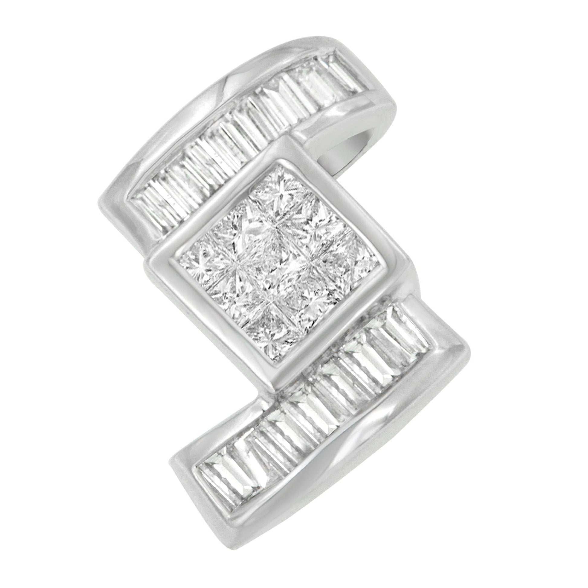 14K White Gold 1 2/5 cttw Princess and Baguette Cut Diamond Zig Zag Pendant Necklace (H-I, SI1-SI2)-1