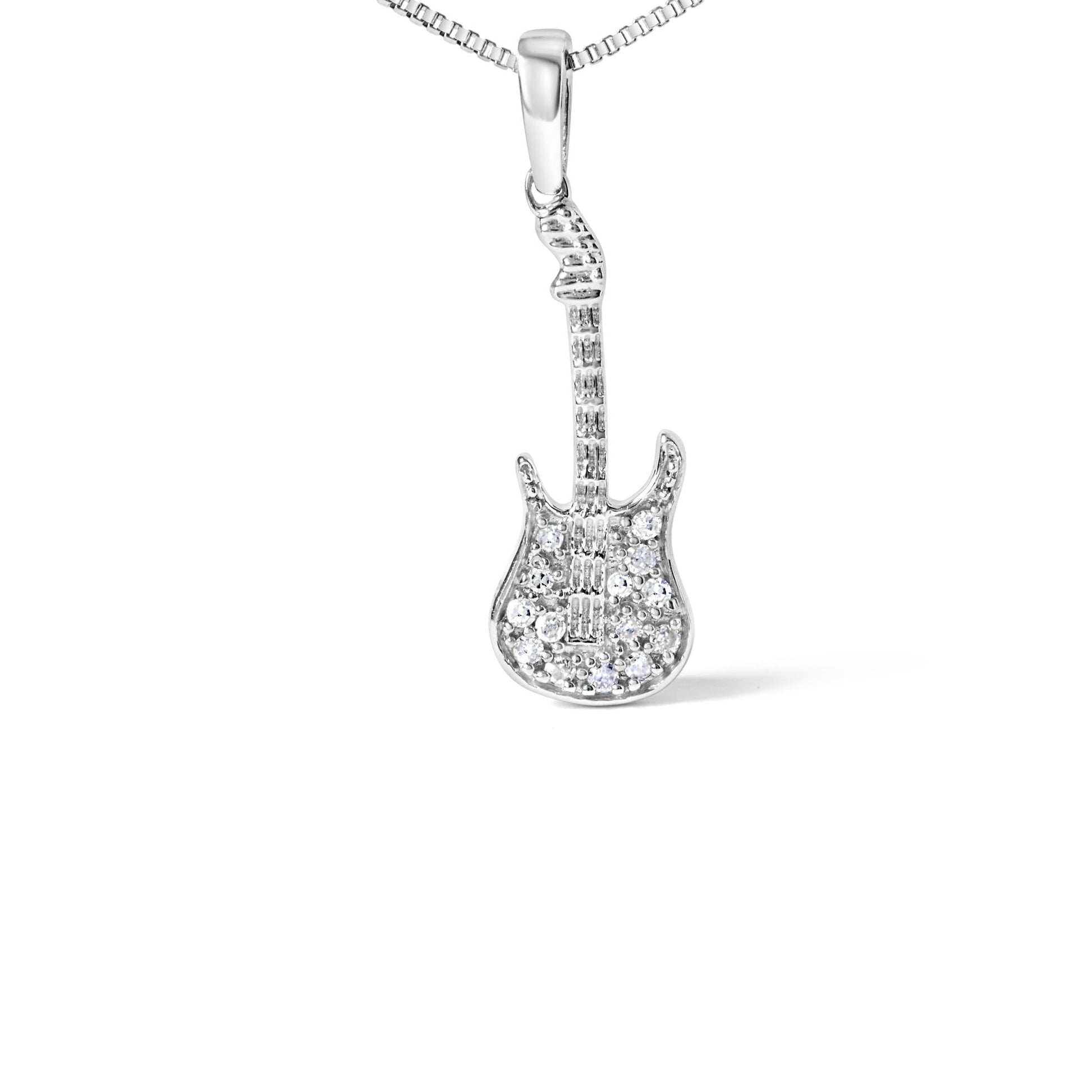 .925 Sterling Silver 1/10 Cttw Diamond Studded Guitar Pendant Necklace (I-J Color, I2-I3 Clarity) - 18" Inches-1