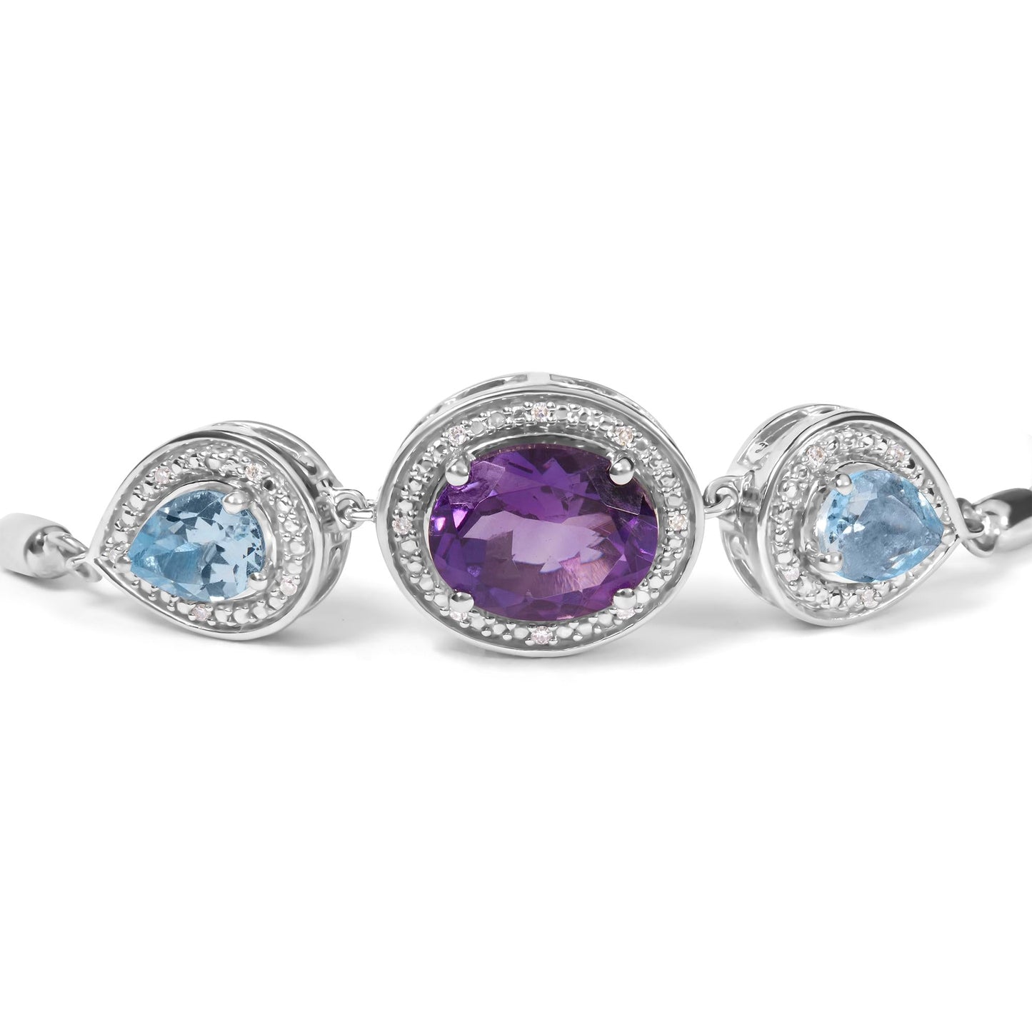 .925 Sterling Silver Oval Amethyst and Pear Blue Topaz with Diamond Accent Lariat 4”-10” Adjustable Bolo Bracelet (H-I Color, SI1-SI2 Clarity)-1