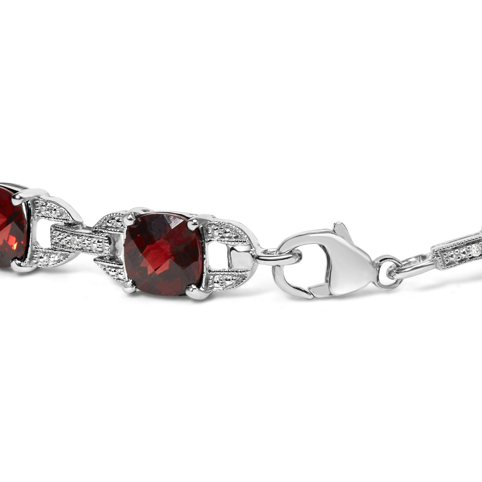 .925 Sterling Silver 7x7mm Checkered Cushion Red Garnet and Diamond Accent Fashion Tennis Link Bracelet (I-J Color, I1-I2 Clarity) - Size 7" Inch-1