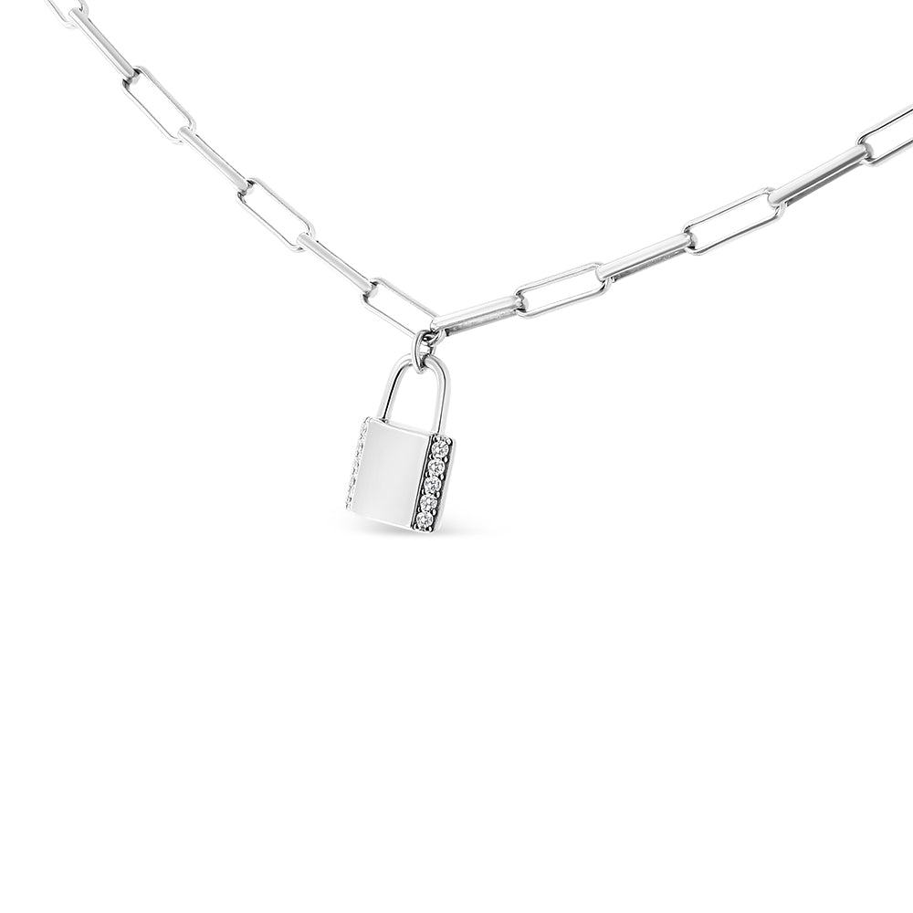 .925 Sterling Silver 1/10 Cttw Round Diamond Lock Pendant Paperclip Chin Necklace (H-I Color, SI1-SI2 Clarity)-1