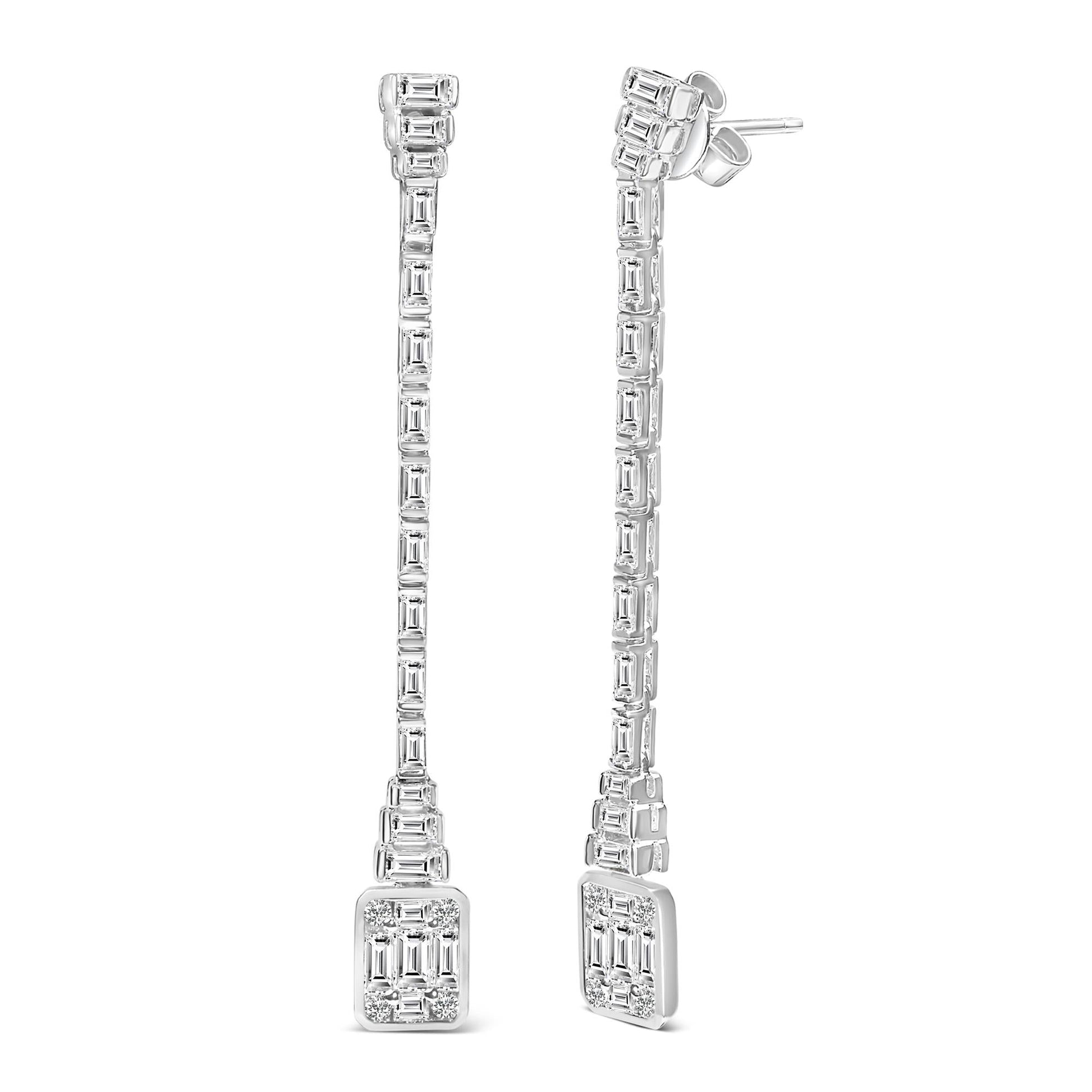 14K White Gold 1 1/2 Cttw Baguette Diamond Composite Mosaic 2" Inch Drop Earrings (E-F Color, VS1-VS2 Clarity)-1